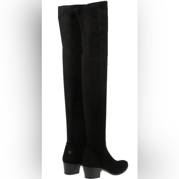 CHANEL BLACK LAMBSKIN SUEDE THIGH HIGH CC LOGO BOOTS SHOES 37 - Picture 5 of 9